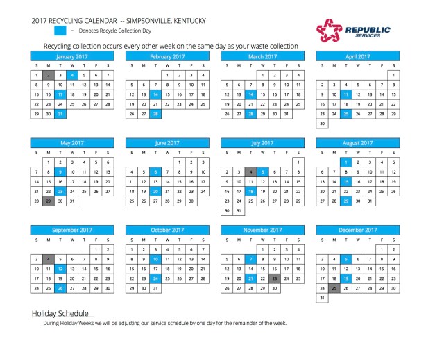 Simpsonville recycle calendar 2017
